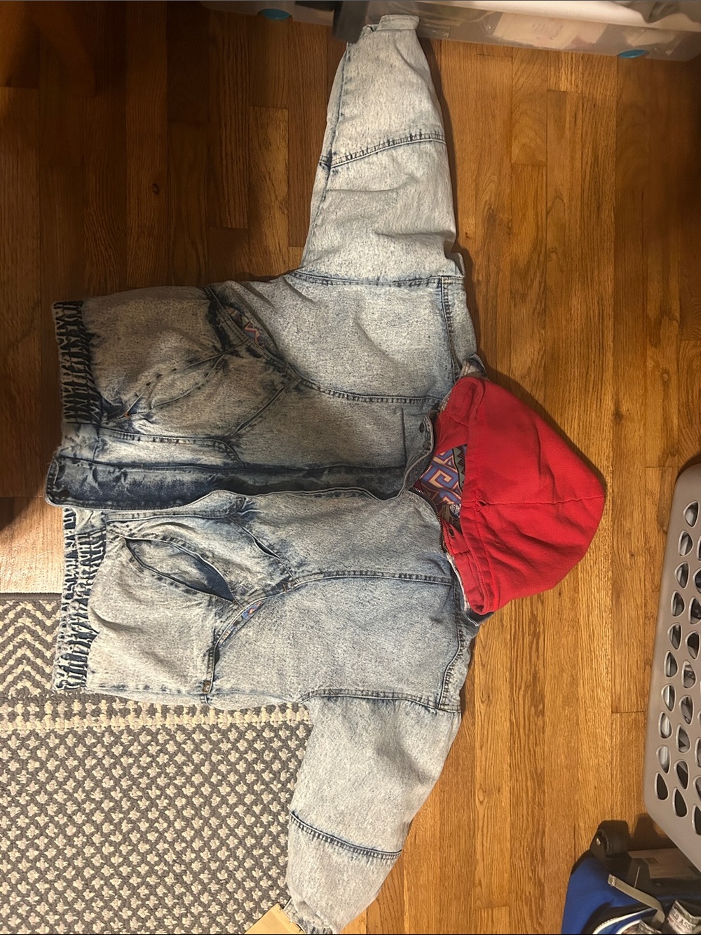 Vintage Acid Wash Denim Hooded Jacket with Red Hood
